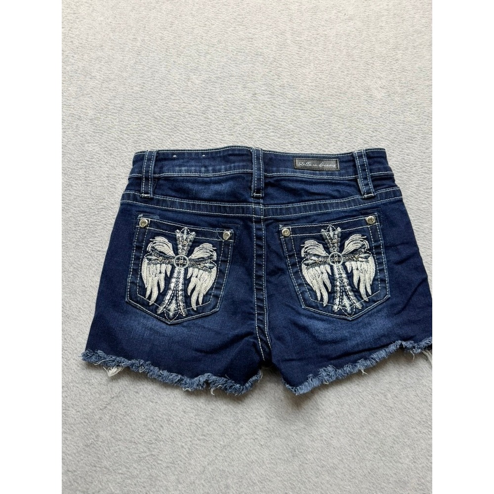 Stella in Dreams Angel Wing Cross Embroidered Denim Shorts Dark Wash Frayed Hem